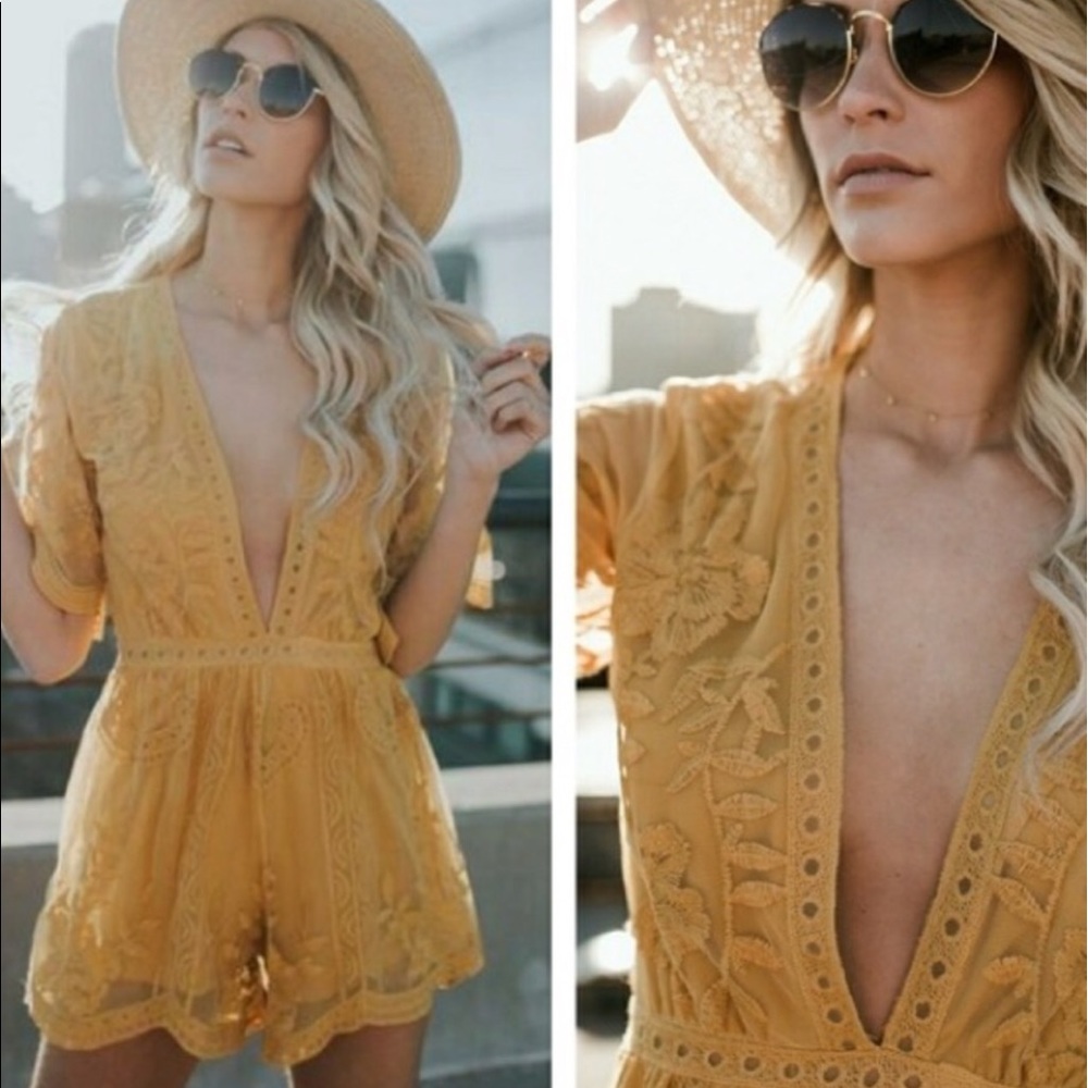 NWOT honey punch lace deep v romper
